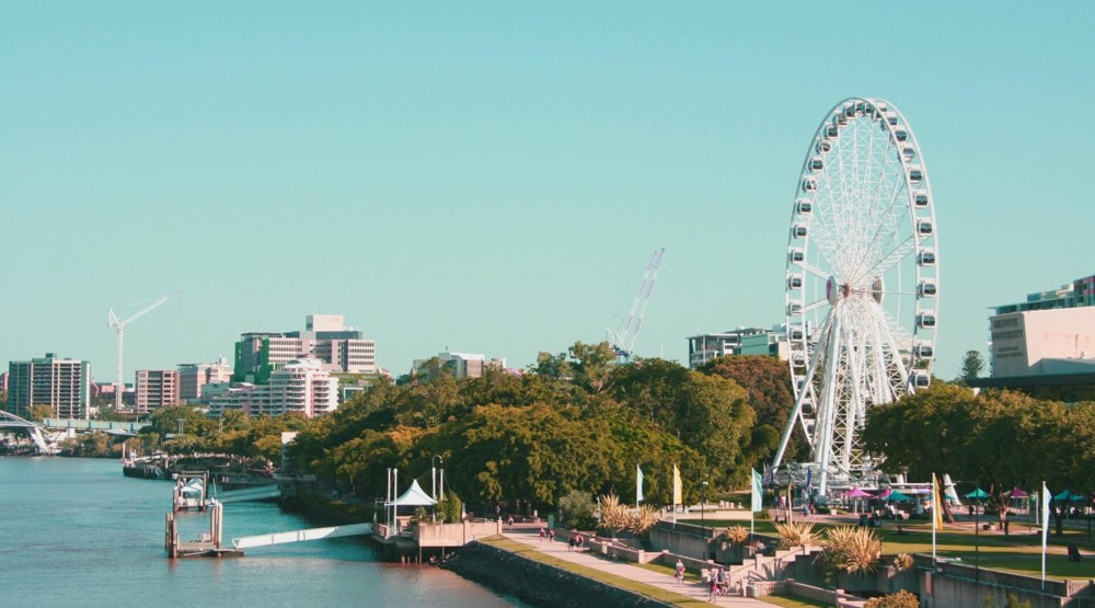 Australian city skyline with ferris wheel bright blue sky 1800 number